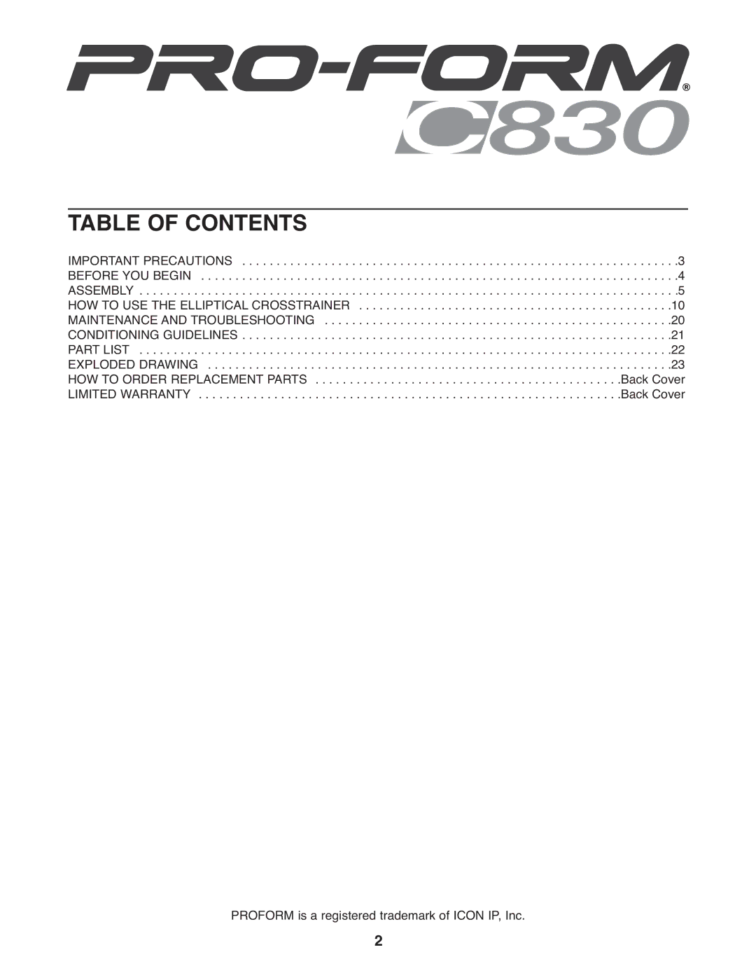 ProForm PFEL54932 user manual Table of Contents 