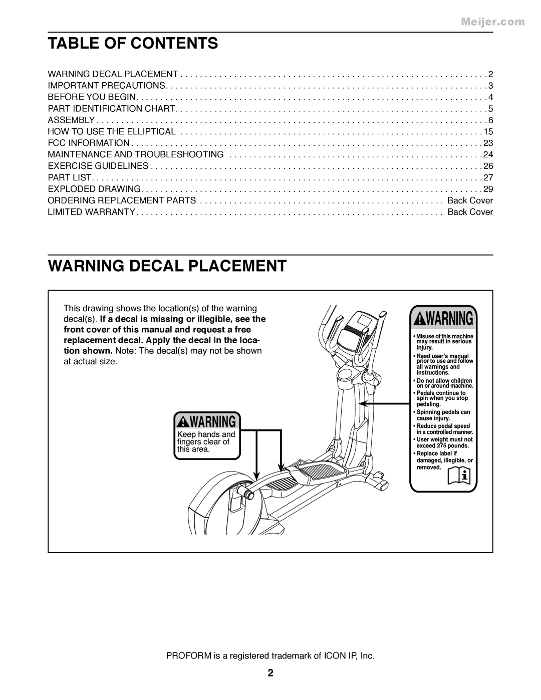 ProForm PFEL55911.7 user manual Table of Contents 