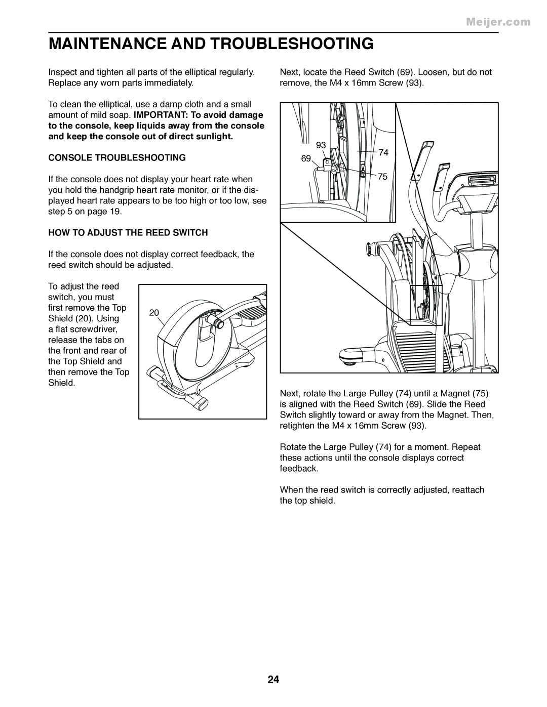 ProForm PFEL55911.7 user manual Maintenance and Troubleshooting, Console Troubleshooting, HOW to Adjust the Reed Switch 