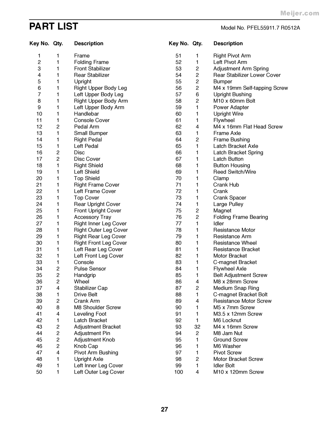 ProForm PFEL55911.7 user manual Part List, Description Qty 