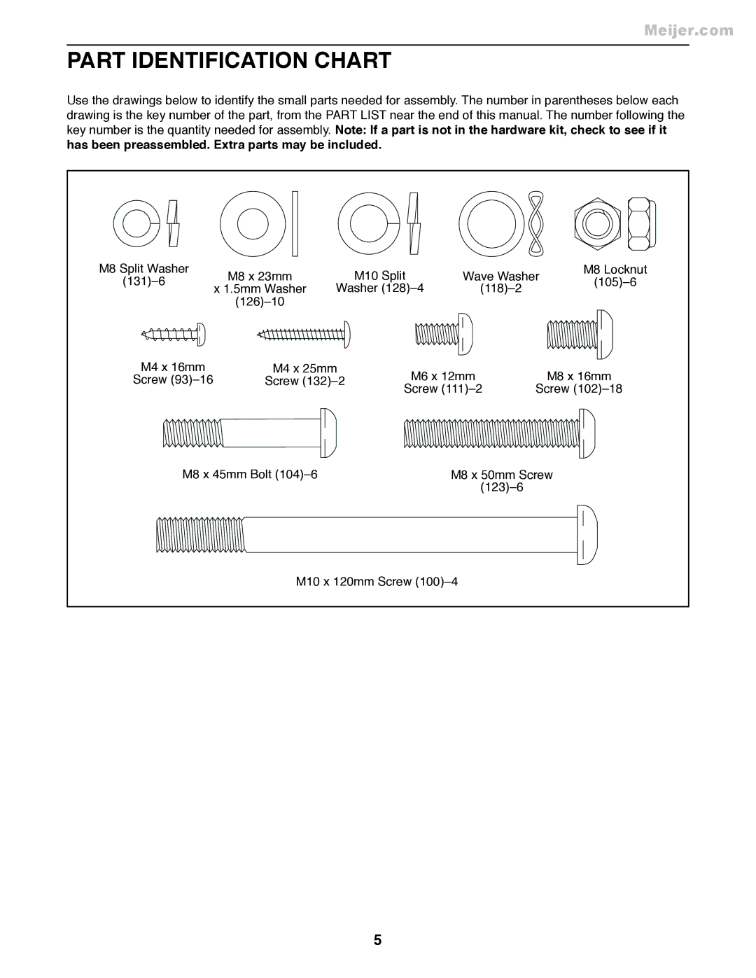 ProForm PFEL55911.7 user manual Part Identification Chart 