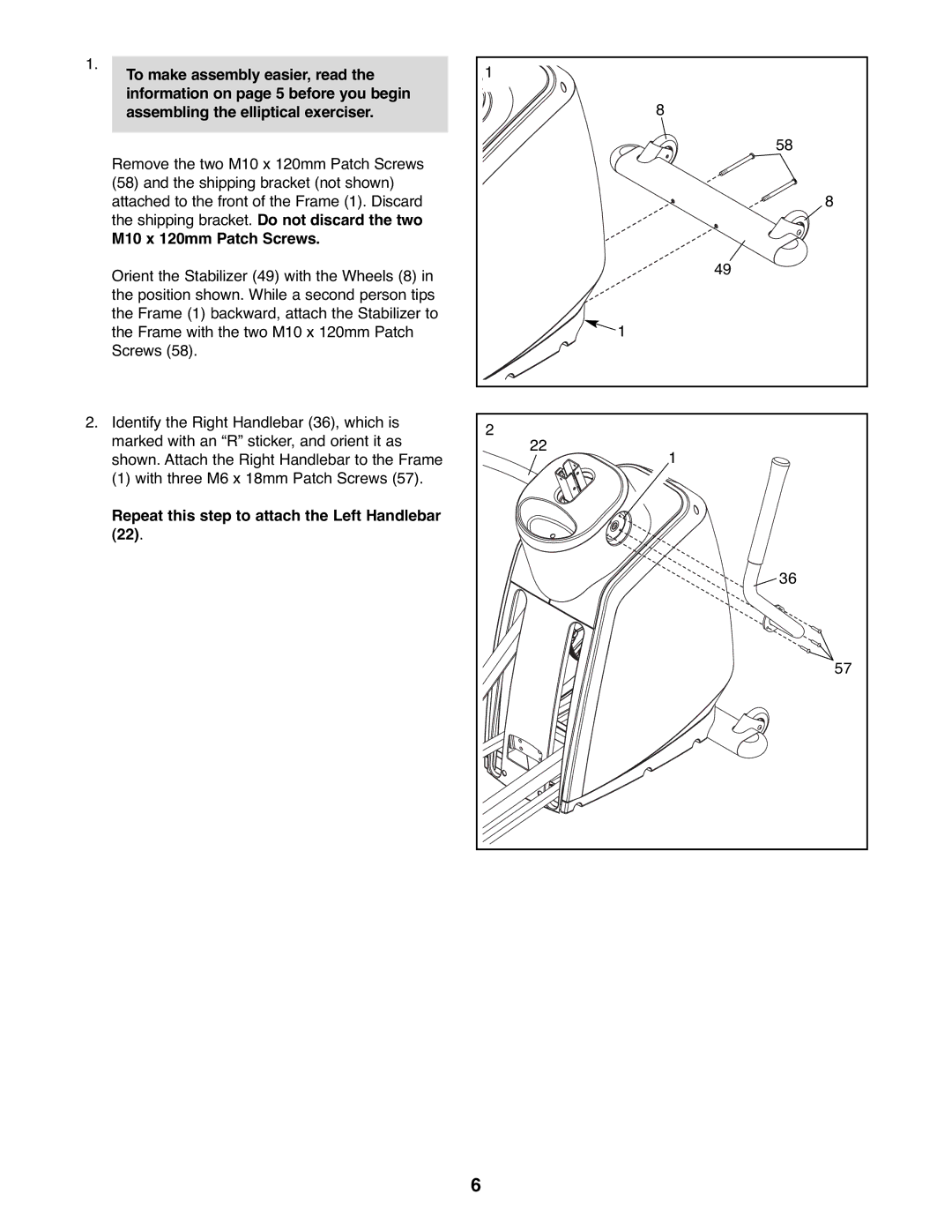 ProForm PFEL57907.0 user manual M10 x 120mm Patch Screws, Repeat this step to attach the Left Handlebar 