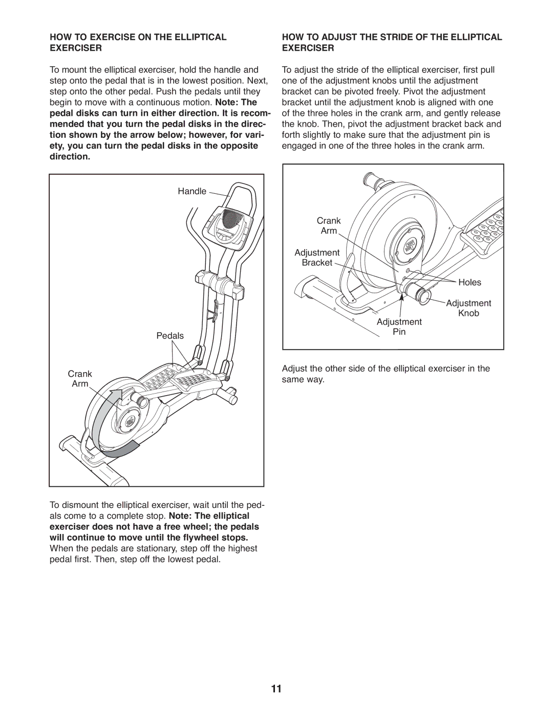 ProForm PFEL5905.0 HOW to Exercise on the Elliptical Exerciser, HOW to Adjust the Stride of the Elliptical Exerciser 