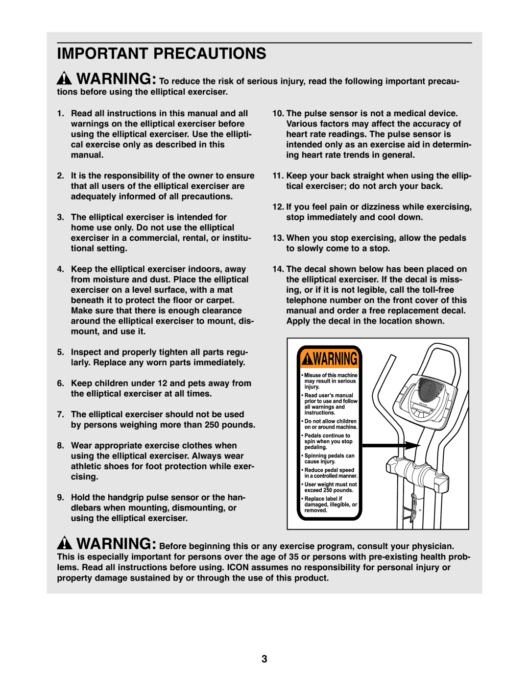 ProForm PFEL5905.0 user manual Important Precautions 