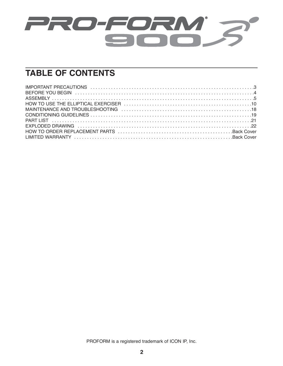 ProForm PFEL5905.0 user manual Table Of Contents, PROFORM is a registered2trademark of ICON IP, Inc 