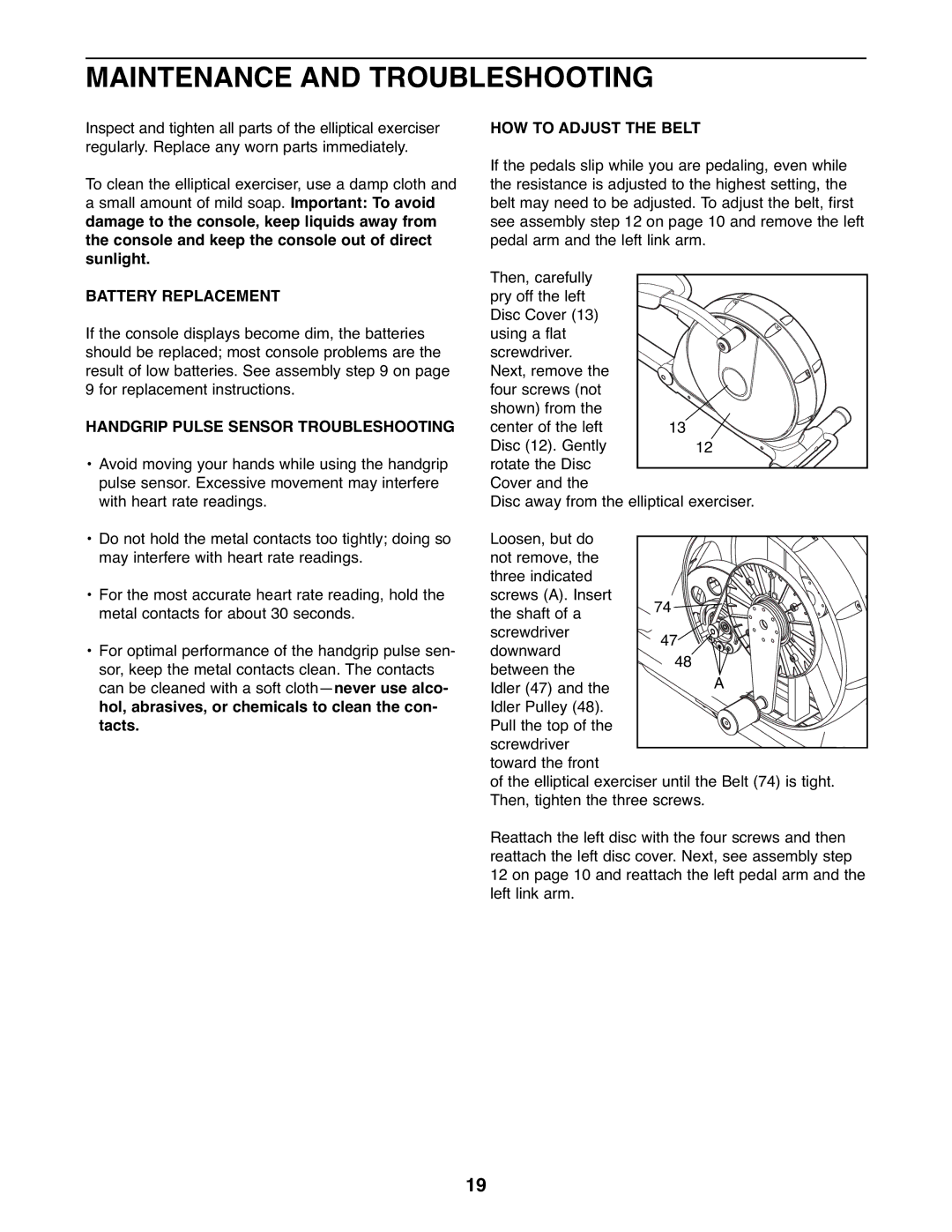 ProForm PFEL59107.0 user manual Maintenance and Troubleshooting, Battery Replacement, Handgrip Pulse Sensor Troubleshooting 