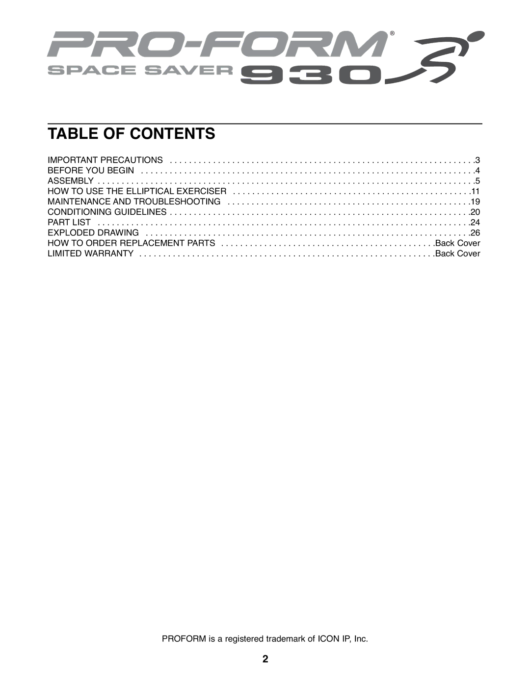 ProForm PFEL59107.0 user manual Table of Contents 