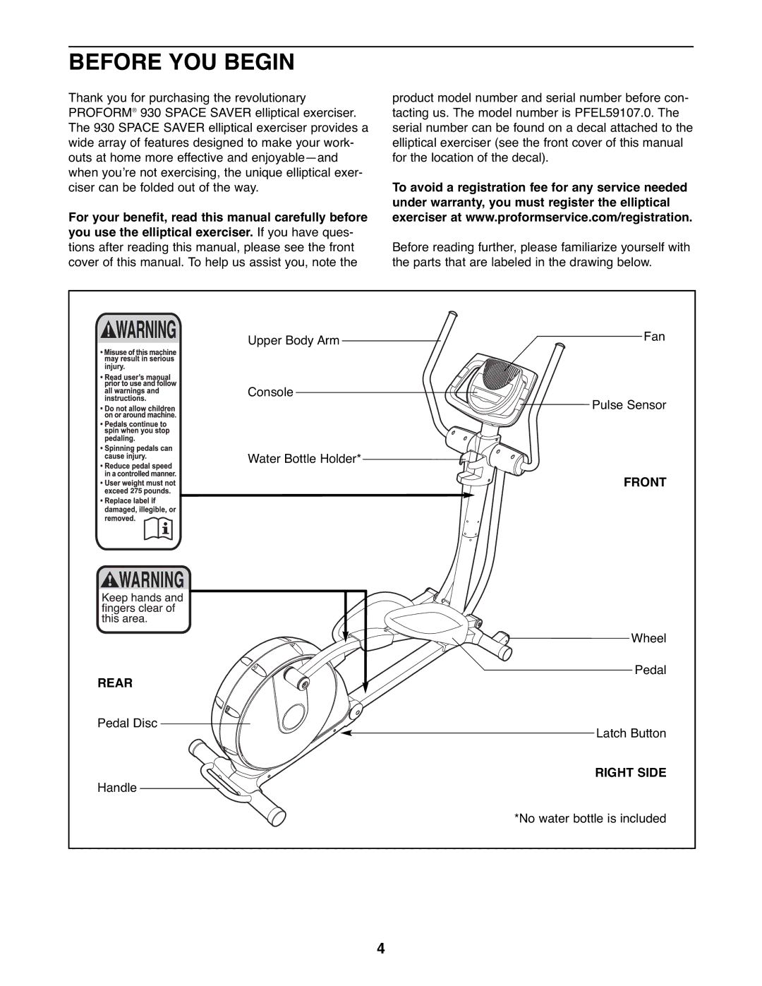 ProForm PFEL59107.0 user manual Before YOU Begin, Front, Rear, Right Side 