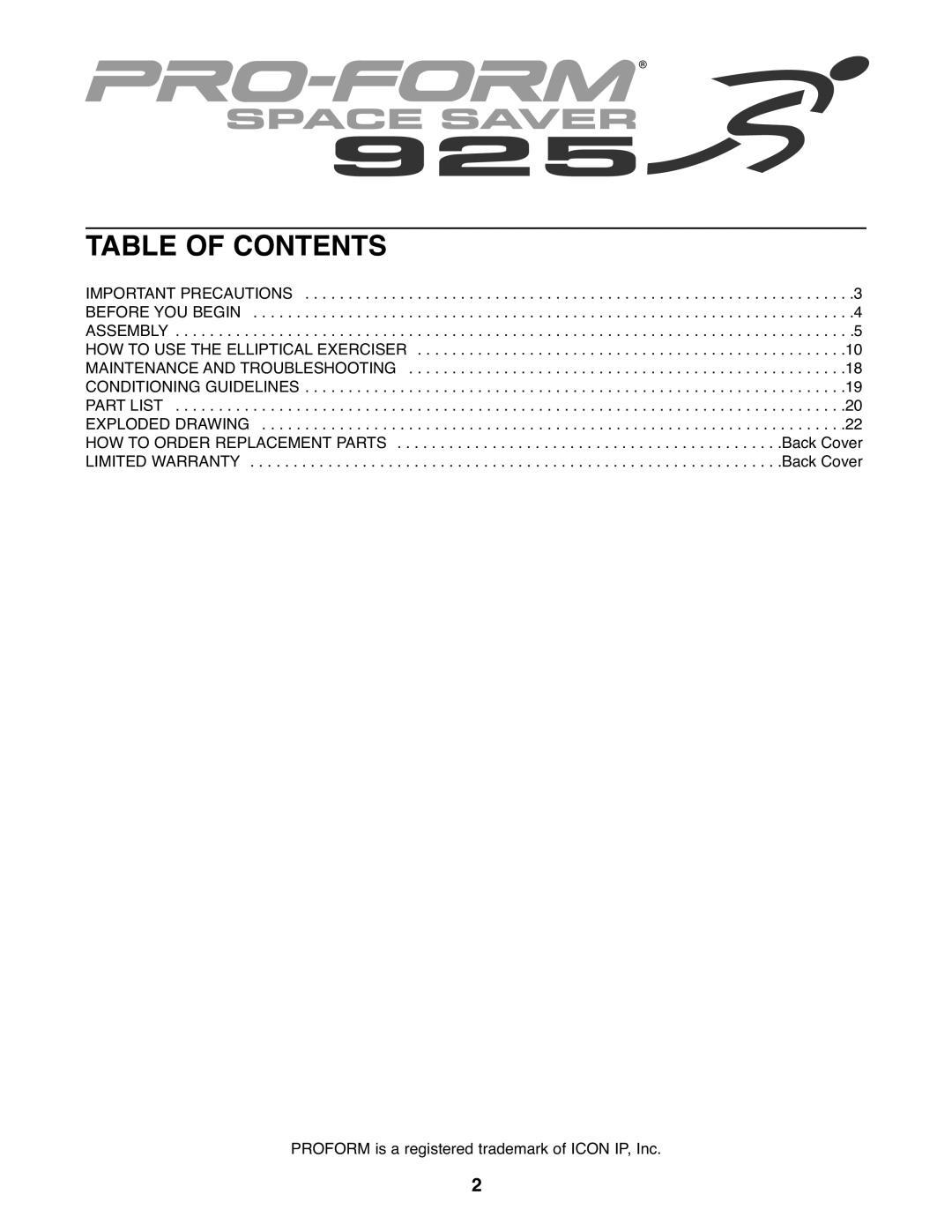 ProForm PFEL5926.0 user manual Table of Contents 