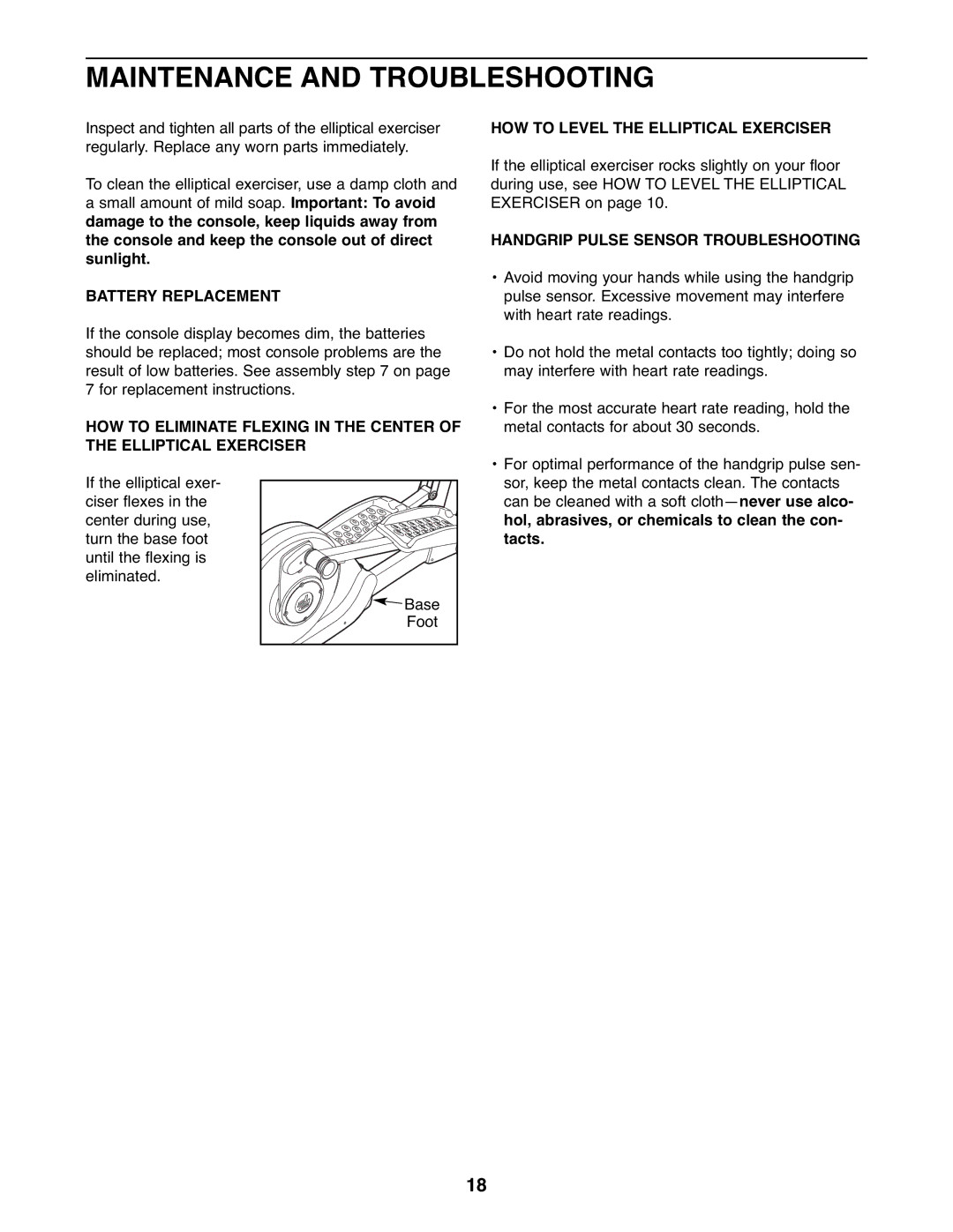 ProForm PFEL6026.0 user manual Maintenance and Troubleshooting, Battery Replacement, Handgrip Pulse Sensor Troubleshooting 