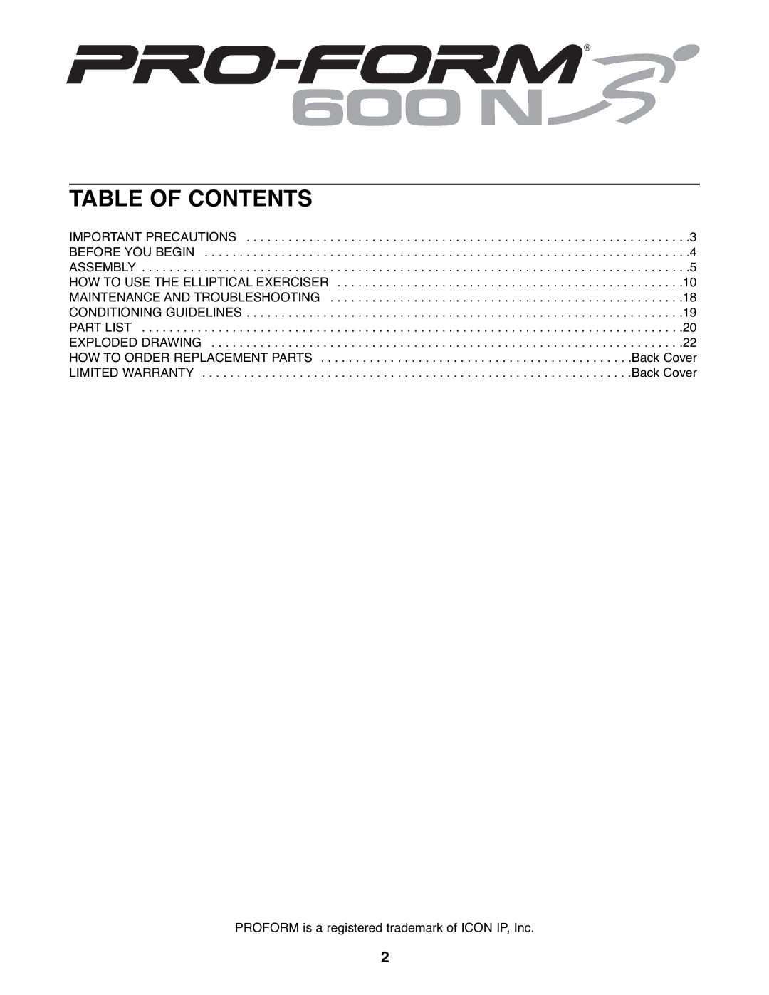 ProForm PFEL6026.0 user manual Table of Contents 