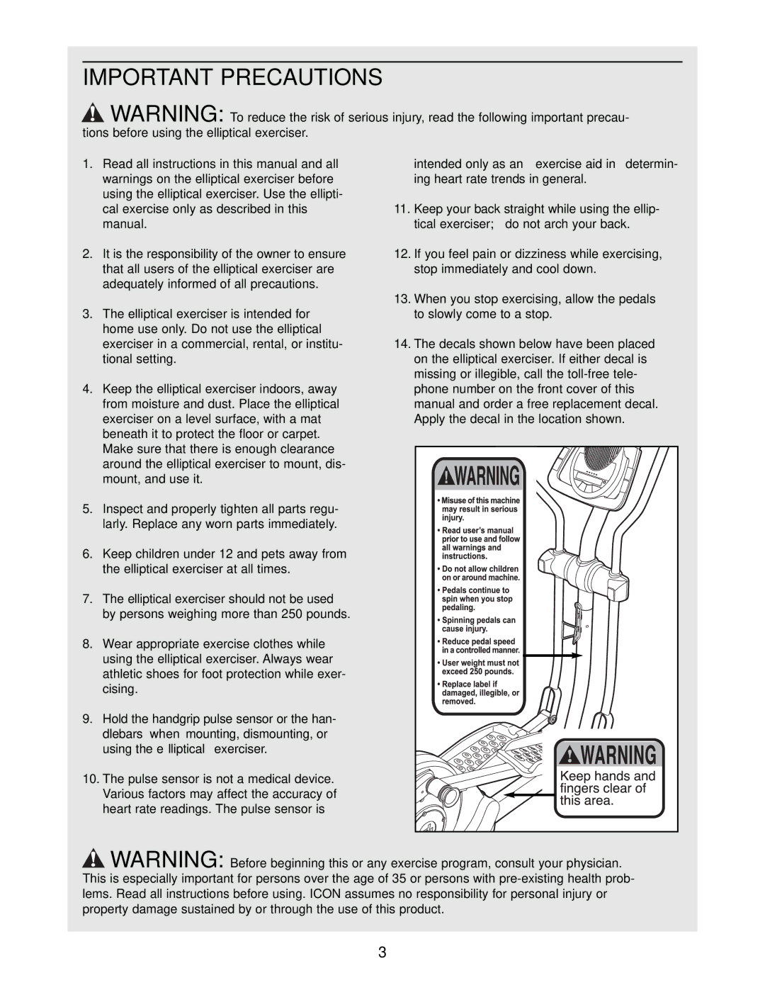 ProForm PFEL6026.0 user manual Important Precautions 