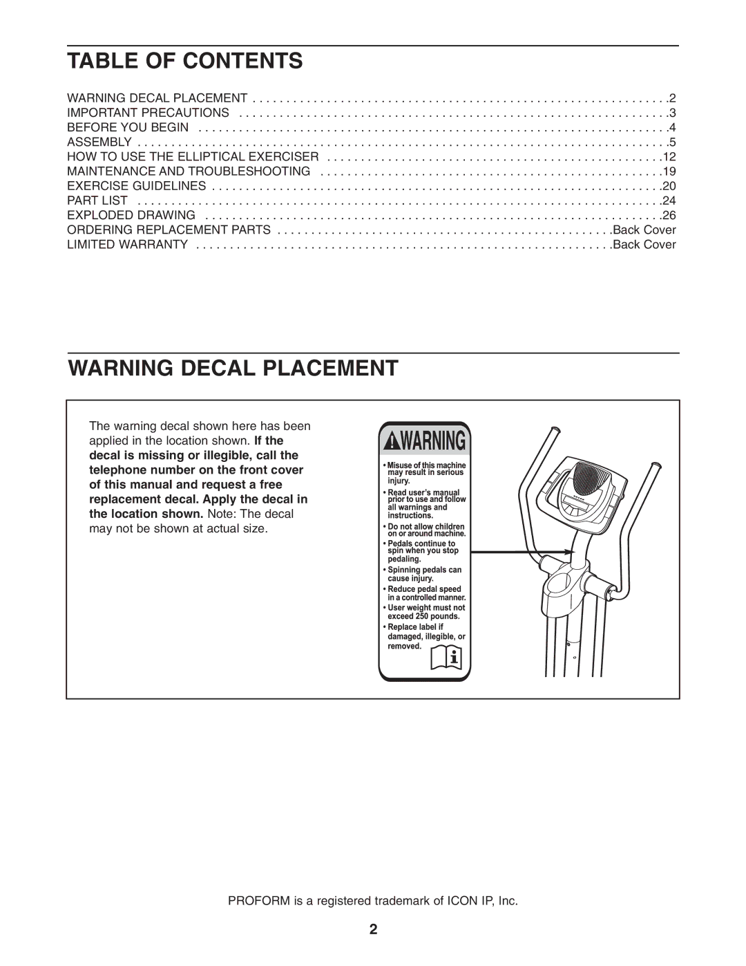 ProForm PFEL64907.0 user manual Table of Contents 