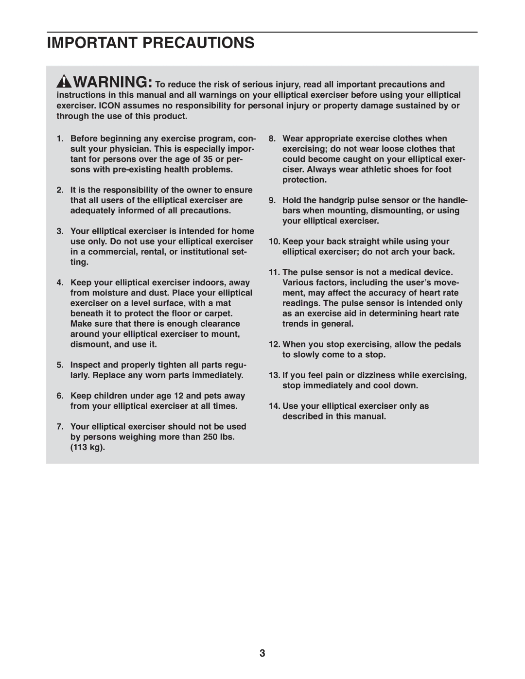 ProForm PFEL64907.0 user manual Important Precautions 