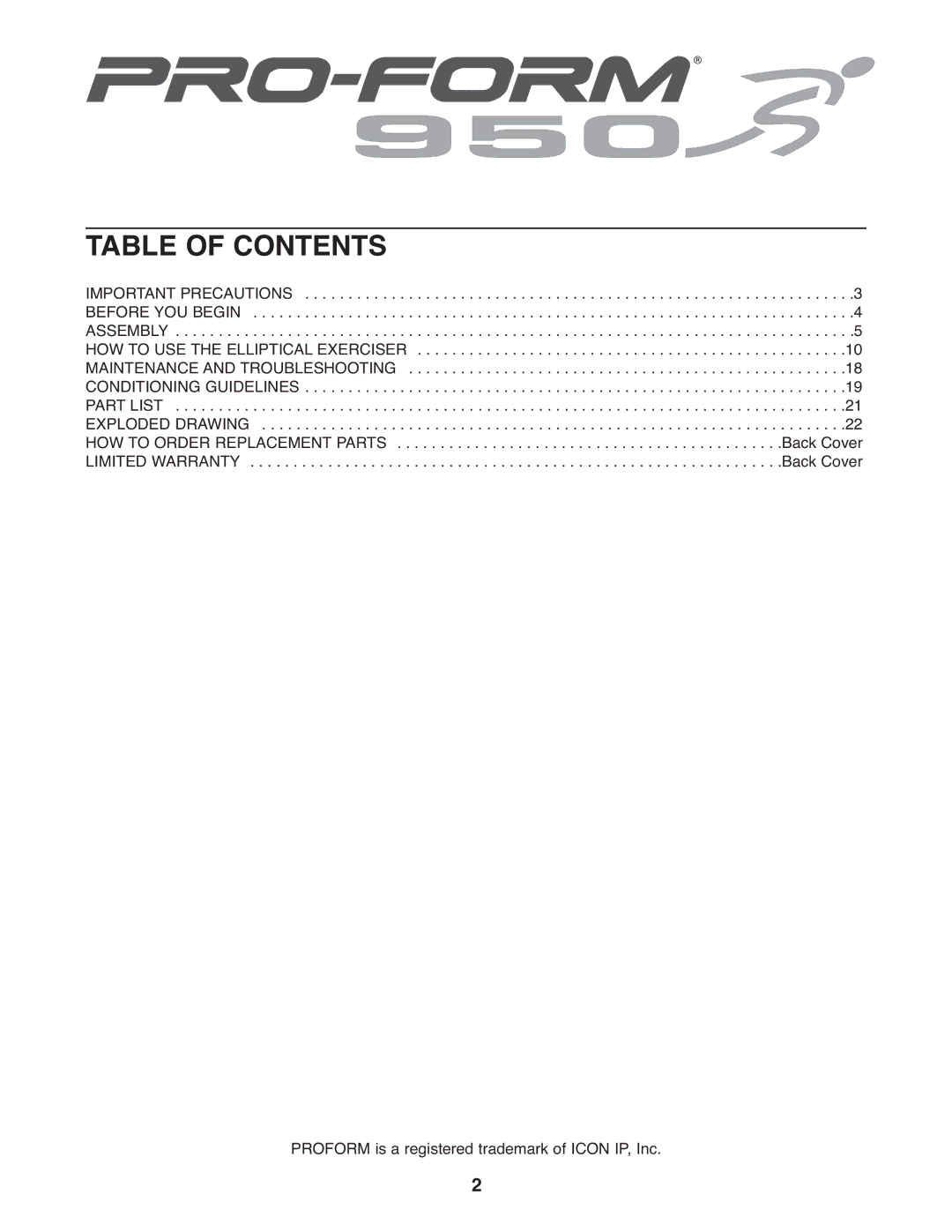 ProForm PFEL6905.0 user manual Table of Contents 