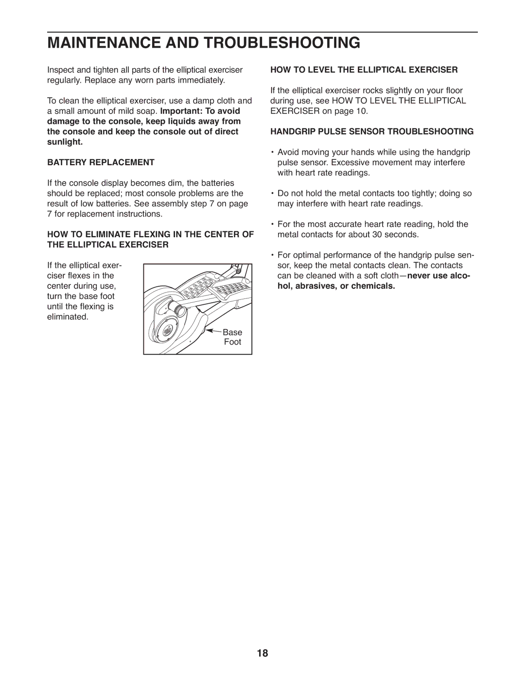 ProForm PFEL6905.1 user manual Maintenance and Troubleshooting, Battery Replacement, Handgrip Pulse Sensor Troubleshooting 