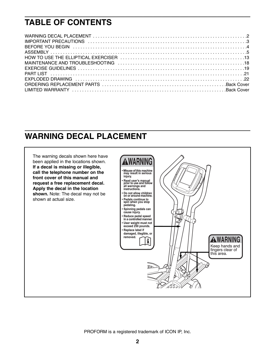 ProForm PFEL73207.0 Table Of Contents, Warning Decal Placement, PROFORM is a registered trademark of ICON IP, Inc 