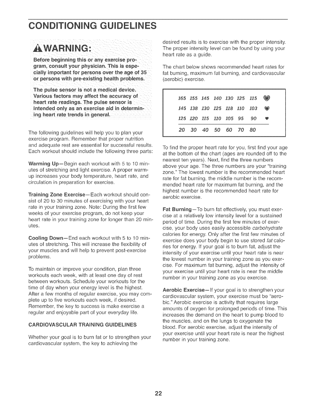 ProForm PFEL7806.0 manual Conditioning Guidelines Awarning, Cardiovascular Training Guideunes 