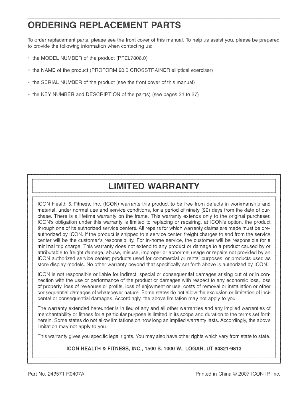 ProForm PFEL7806.0 manual Ordering Replacement Parts, Limited Warranty 