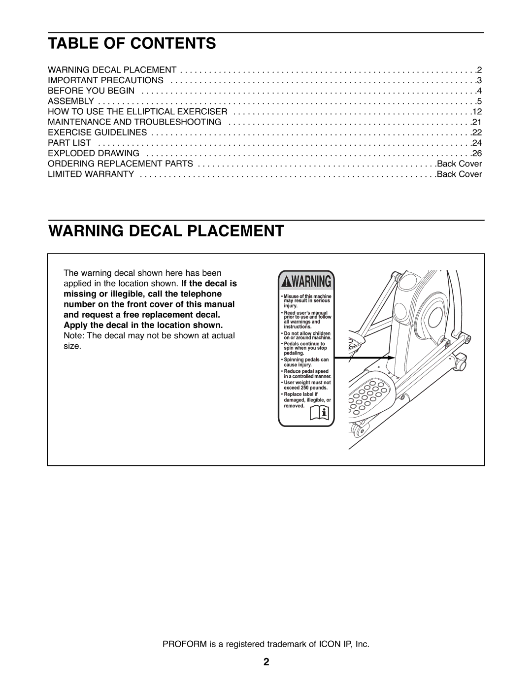 ProForm PFEL7806.1 user manual Table of Contents 