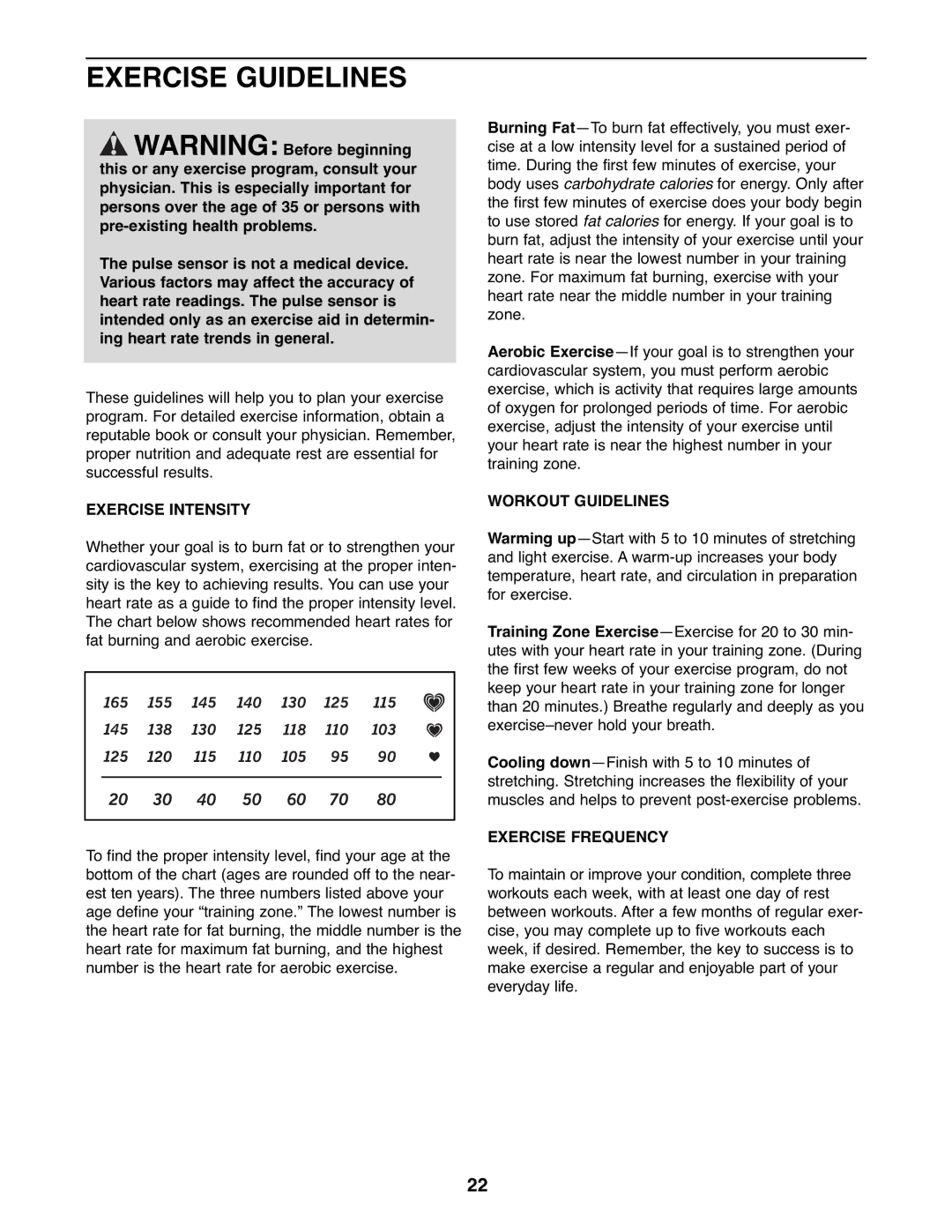 ProForm PFEL7806.1 user manual Exercise Guidelines, Exercise Intensity, Workout Guidelines, Exercise Frequency 