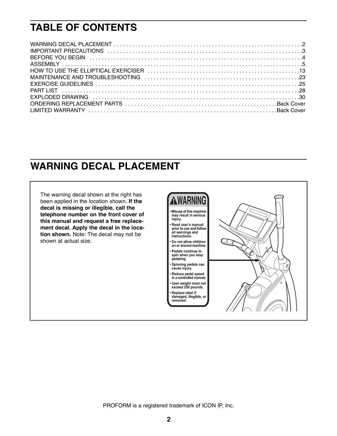 ProForm PFEL79907.1 user manual Table of Contents 