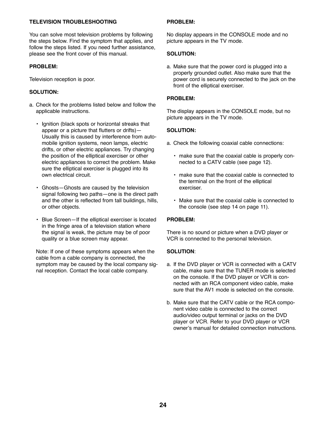 ProForm PFEL79907.1 user manual Television Troubleshooting, Problem, Solution 