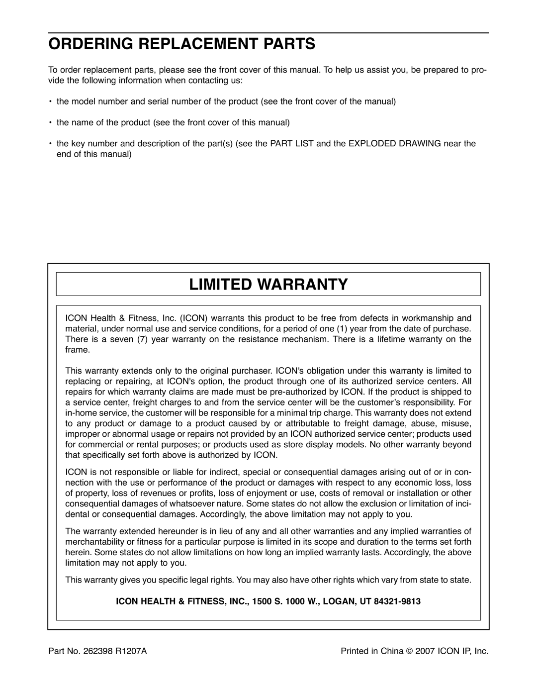 ProForm PFEL79907.1 Ordering Replacement Parts, Limited Warranty, Icon Health & FITNESS, INC., 1500 S W., LOGAN, UT 