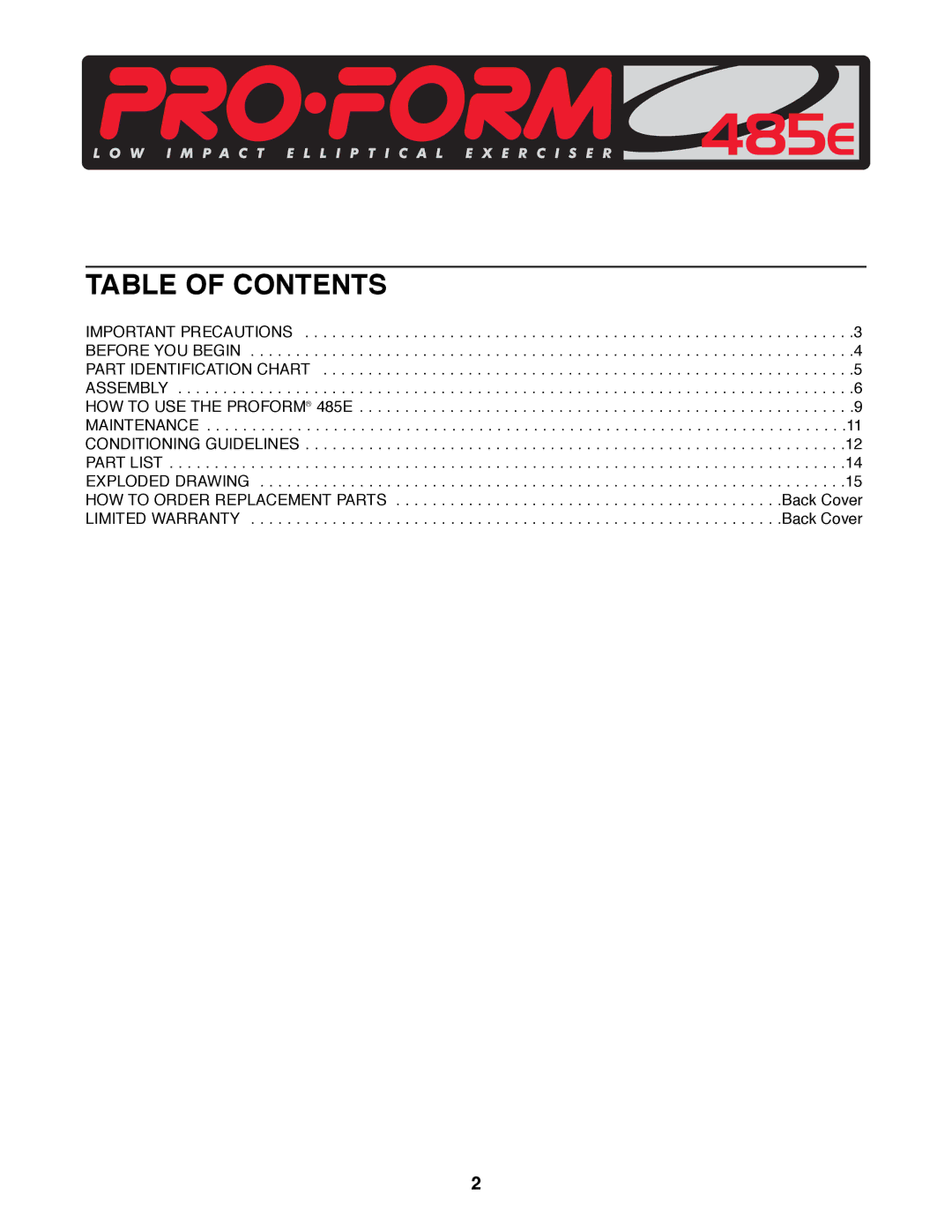 ProForm PFEL87070 user manual Table of Contents 