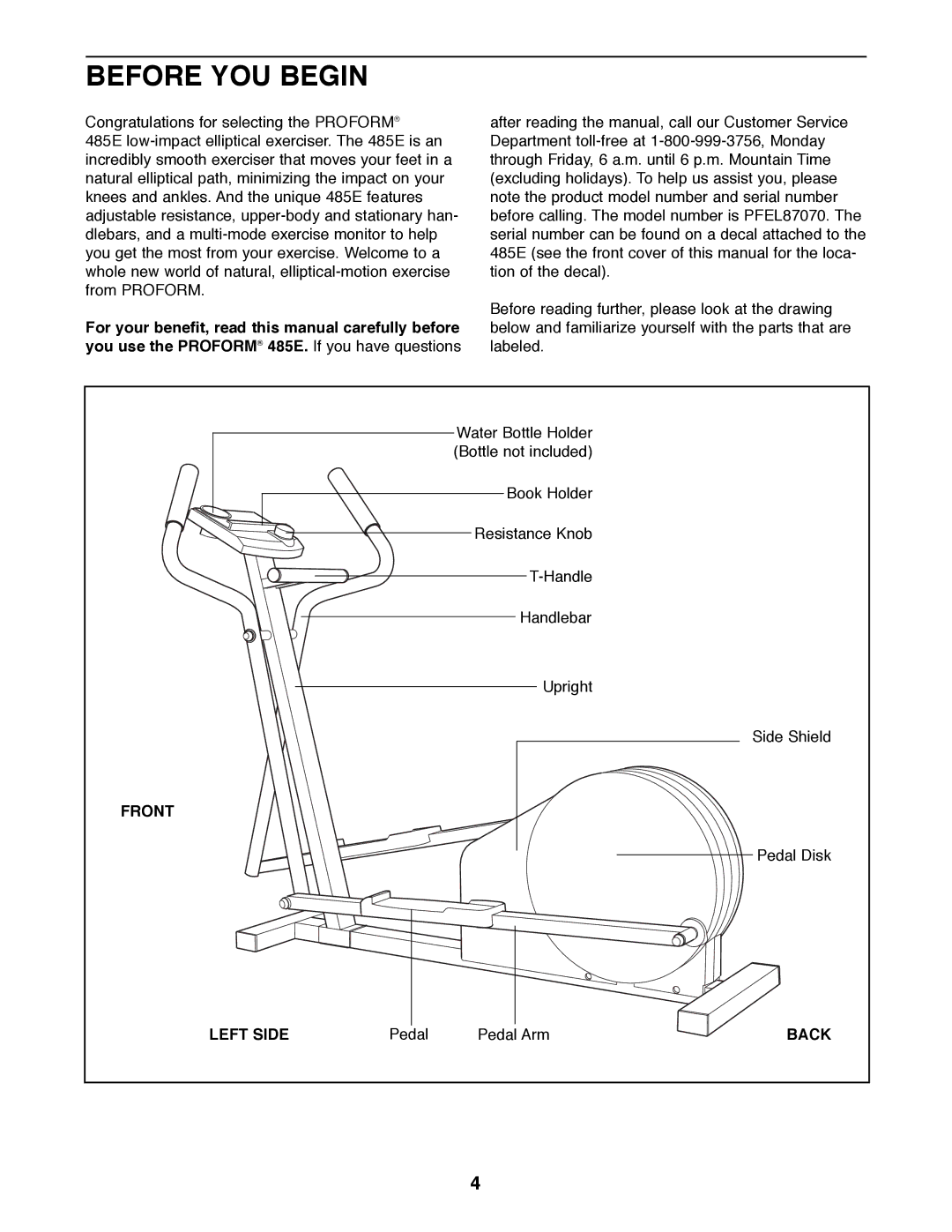 ProForm PFEL87070 user manual Before YOU Begin, Front, Left Side, Back 