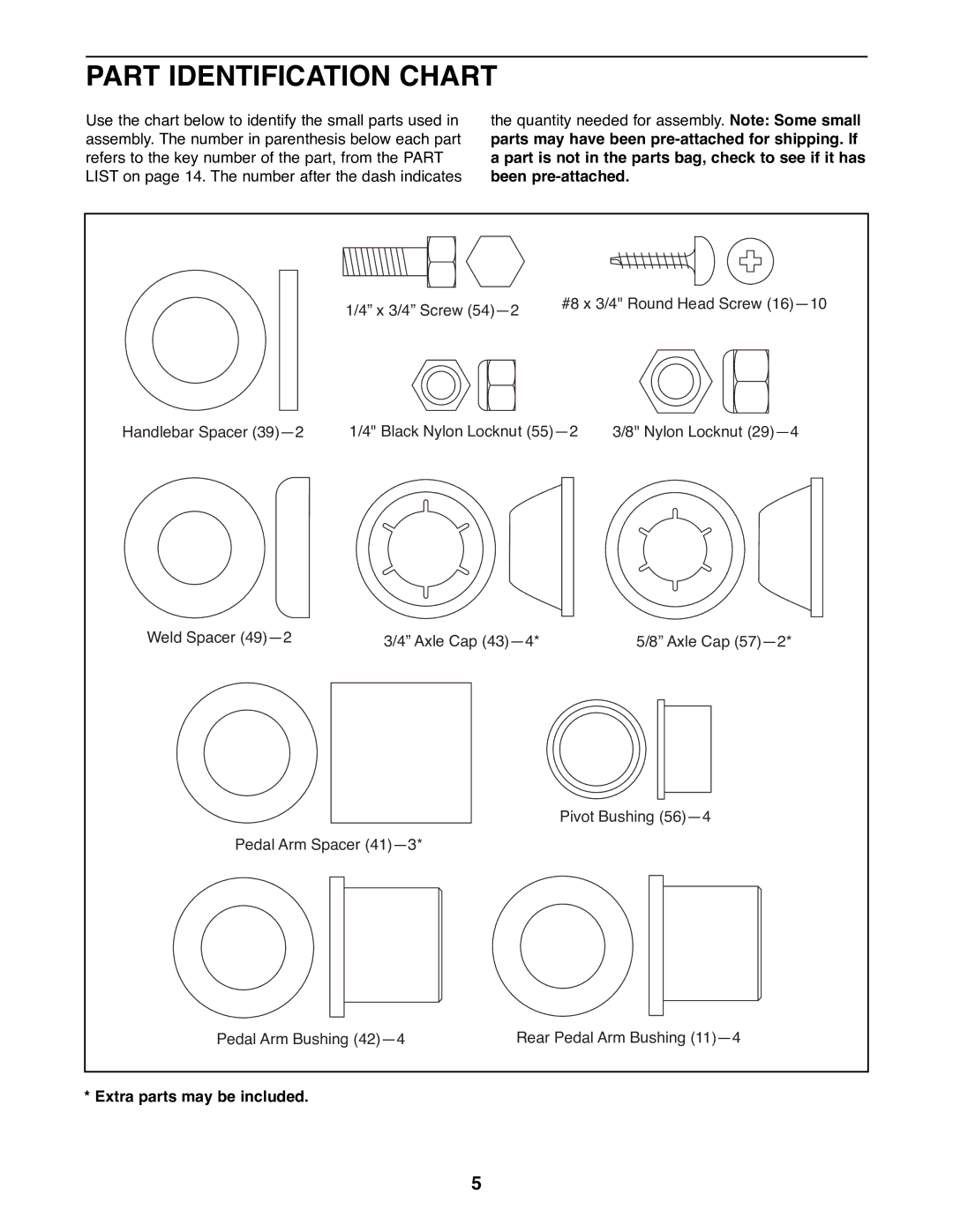 ProForm PFEL87073 user manual Part Identification Chart, Extra parts may be included 