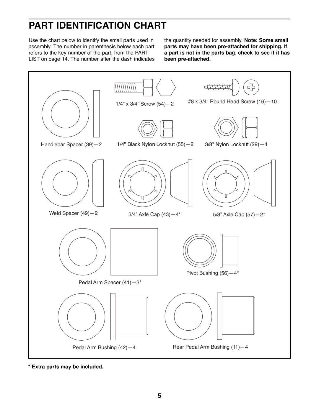 ProForm PFEL87077 user manual Part Identification Chart, Extra parts may be included 