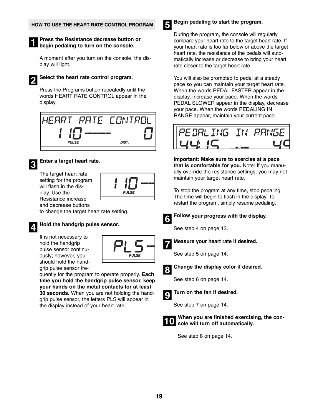 ProForm PFEL8947.0 Select the heart rate control program, Enter a target heart rate, Hold the handgrip pulse sensor 