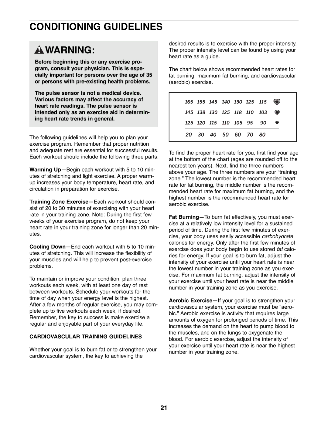 ProForm PFEL8947.0 user manual Conditioning Guidelines, Cardiovascular Training Guidelines 