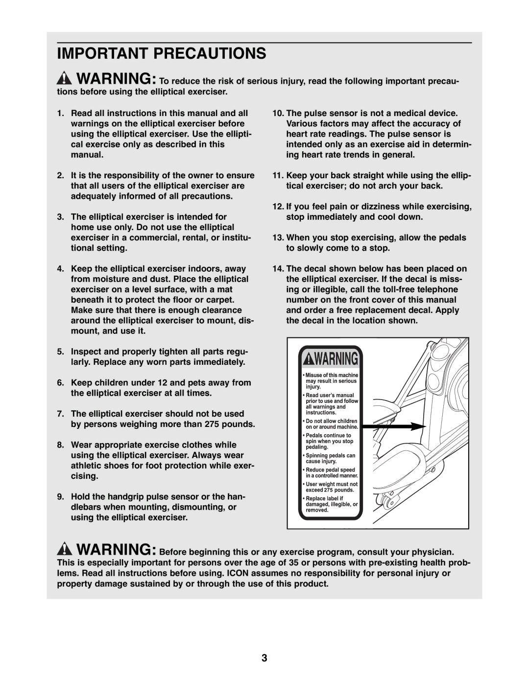 ProForm PFEL8947.0 user manual Important Precautions 