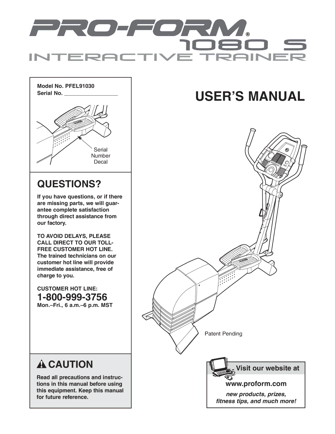 ProForm user manual Questions?, Model No. PFEL91030 Serial No, Customer HOT Line 