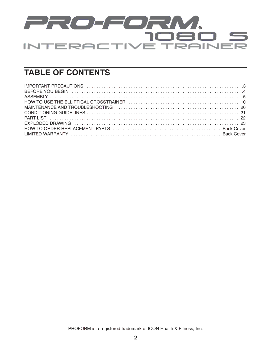 ProForm PFEL91030 user manual Table of Contents 