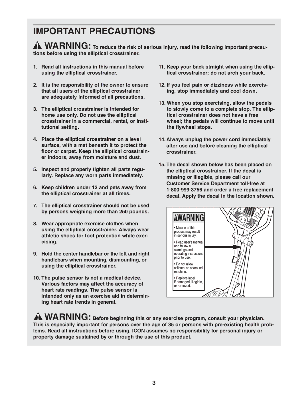 ProForm PFEL91030 user manual Important Precautions 