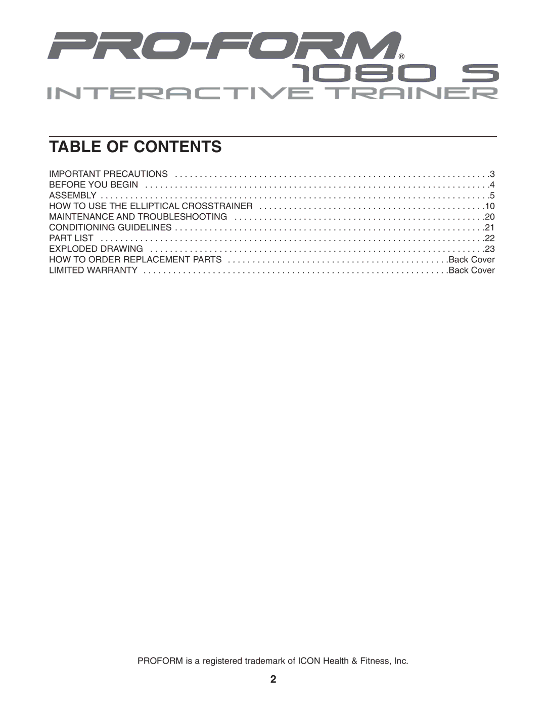 ProForm PFEL91031 user manual Table of Contents 