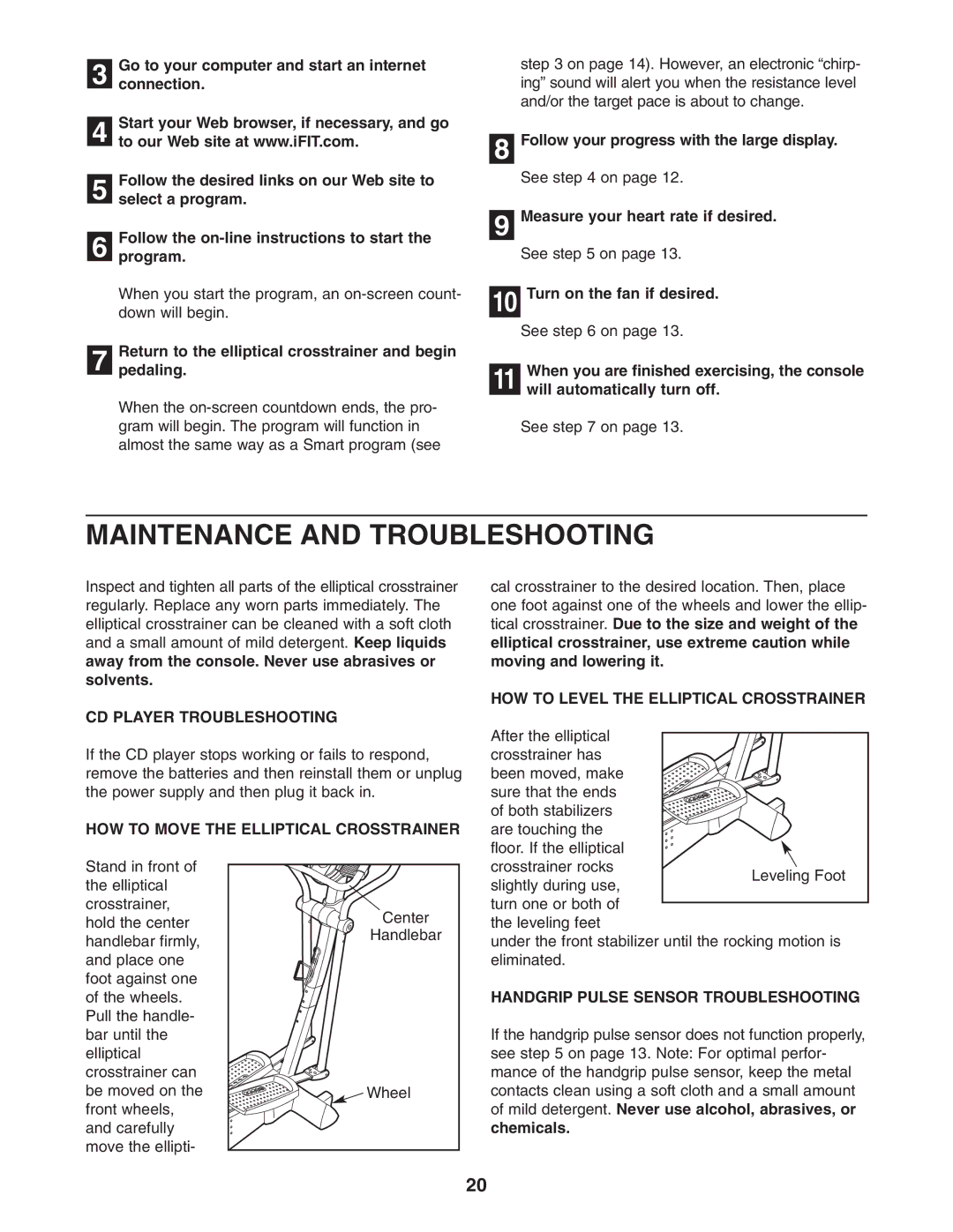 ProForm PFEL91031 Maintenance and Troubleshooting, CD Player Troubleshooting, HOW to Move the Elliptical Crosstrainer 