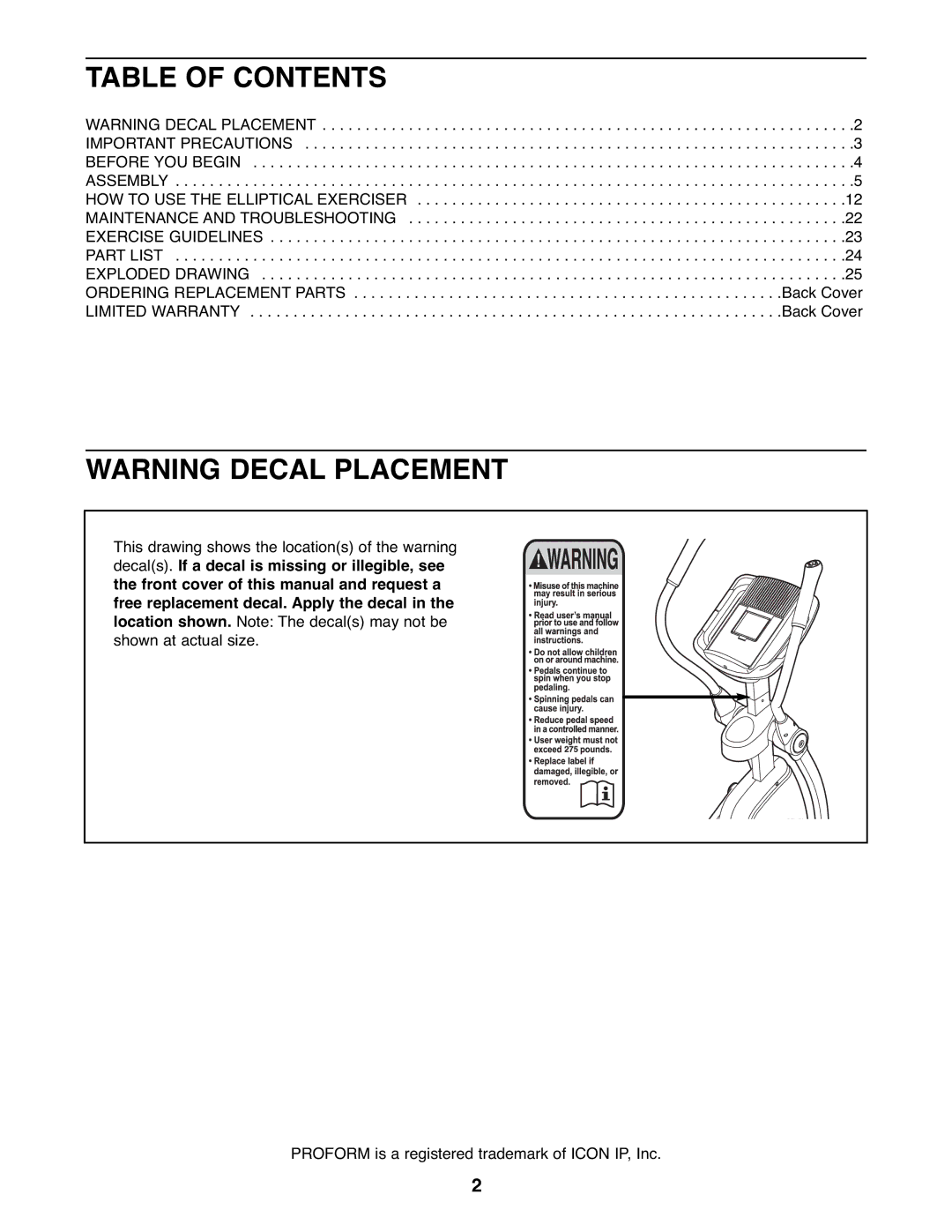 ProForm PFEL95918.0 manual Table of Contents 