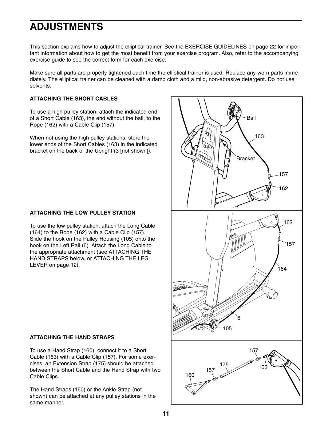 ProForm PFES80040 Adjustments, Attaching the Short Cables, Attaching the LOW Pulley Station, Attaching the Hand Straps 