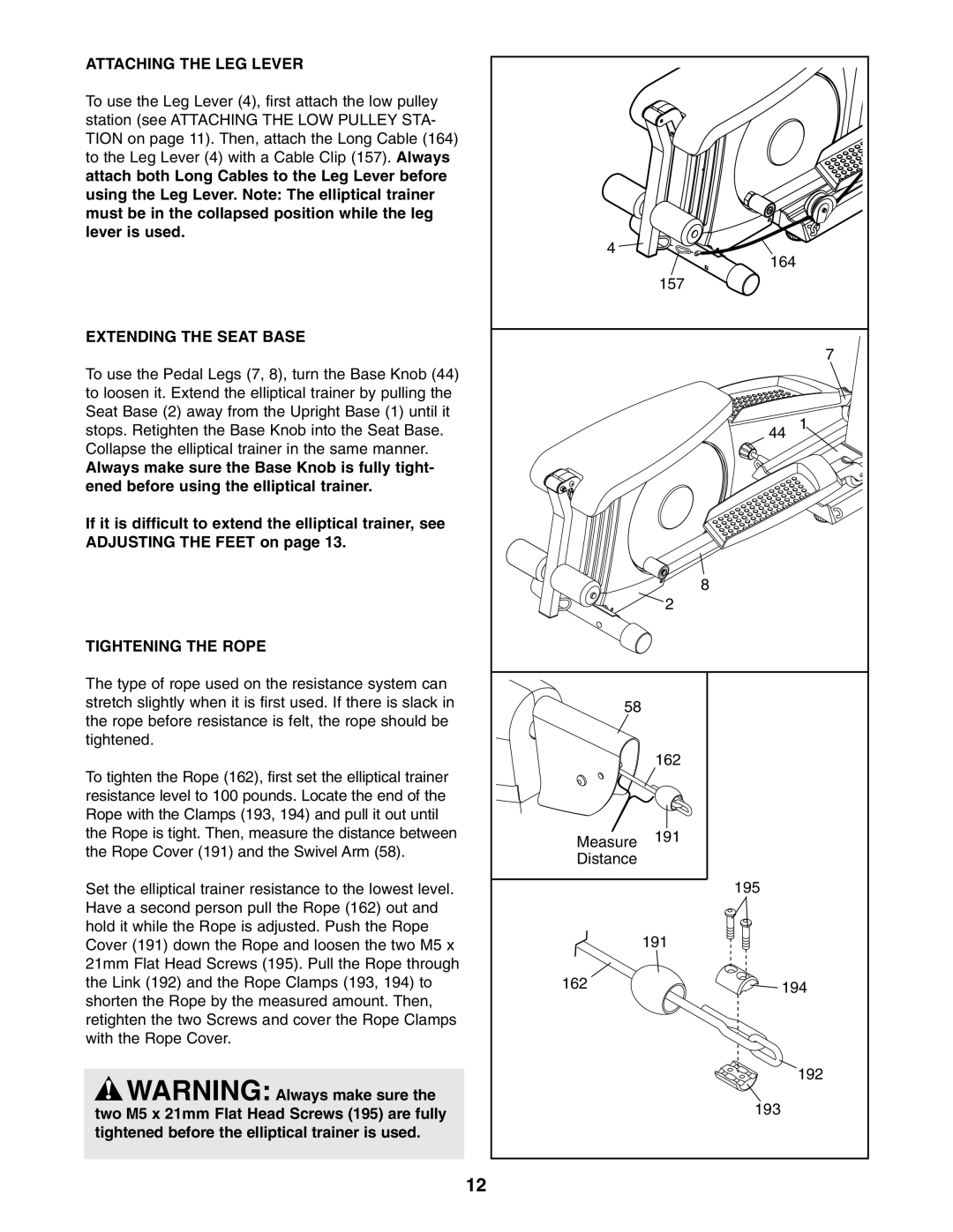 ProForm PFES80040 user manual Attaching the LEG Lever, Extending the Seat Base, Tightening the Rope 