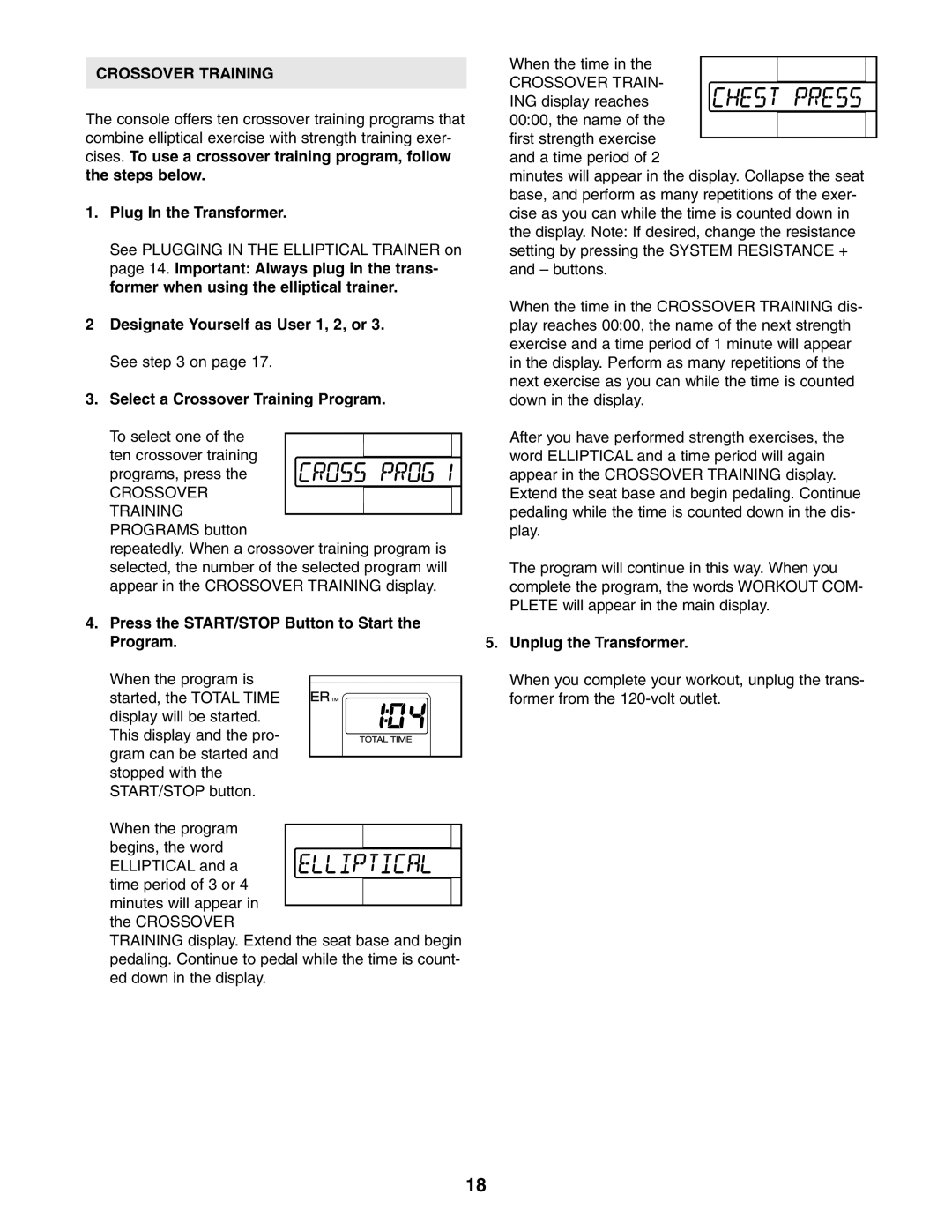 ProForm PFES80040 user manual Crossover Training, Press the START/STOP Button to Start the Program 