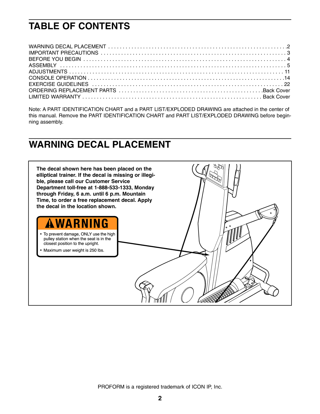 ProForm PFES80040 user manual Table of Contents 