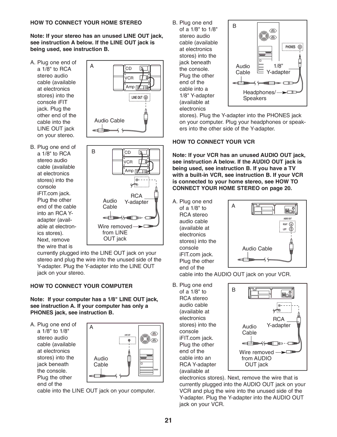 ProForm PFES80040 user manual HOW to Connect Your Home Stereo, HOW to Connect Your VCR, Rca, HOW to Connect Your Computer 