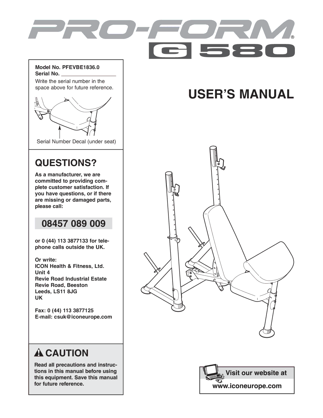 ProForm user manual Questions?, Model No. PFEVBE1836.0 Serial No 