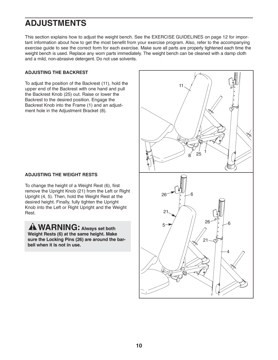 ProForm PFEVBE1836.0 user manual Adjustments, Adjusting the Backrest, Adjusting the Weight Rests 