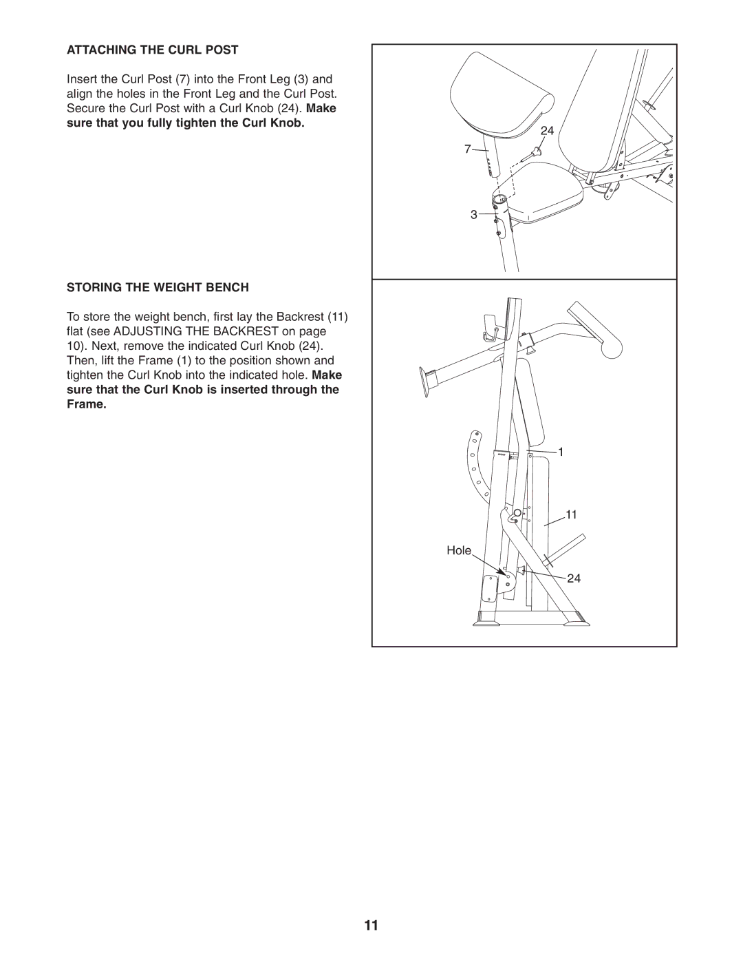 ProForm PFEVBE1836.0 user manual Attaching the Curl Post, Storing the Weight Bench 