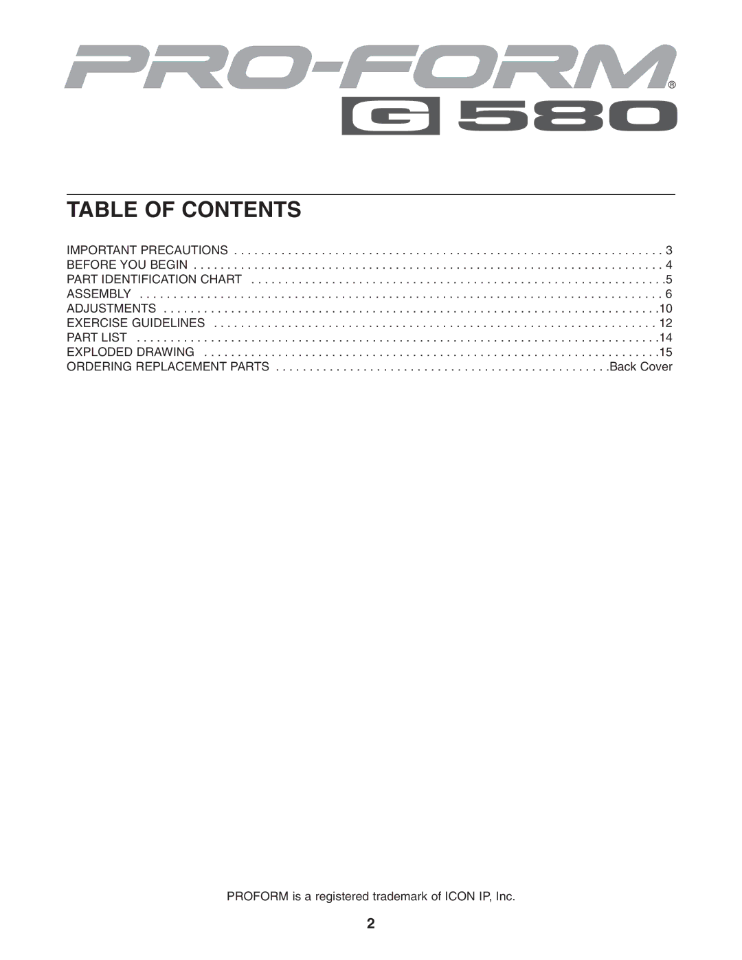 ProForm PFEVBE1836.0 user manual Table of Contents 